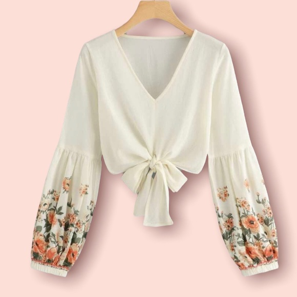 Floral blouse crop top boho flower lantern sleeve tie chiffon cream white vneck - Picture 8 of 9